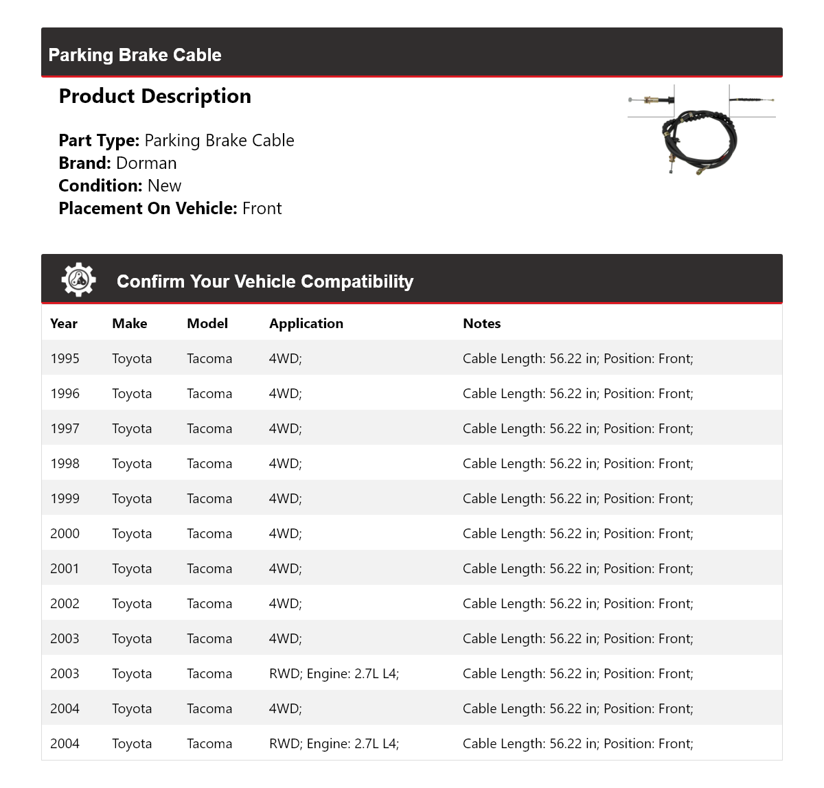 For 1995-2004 Toyota Tacoma Dorman Parking Brake Cable Front 1996 1997 1998 1999