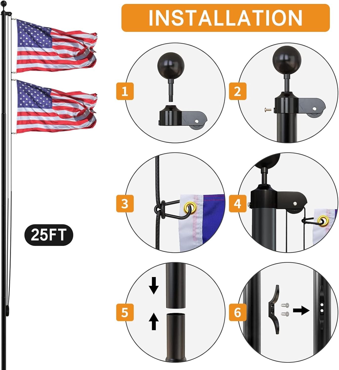 Flag Pole Kit Extra Thick Heavy Duty Aluminum Flagpole Outsides 25 FT