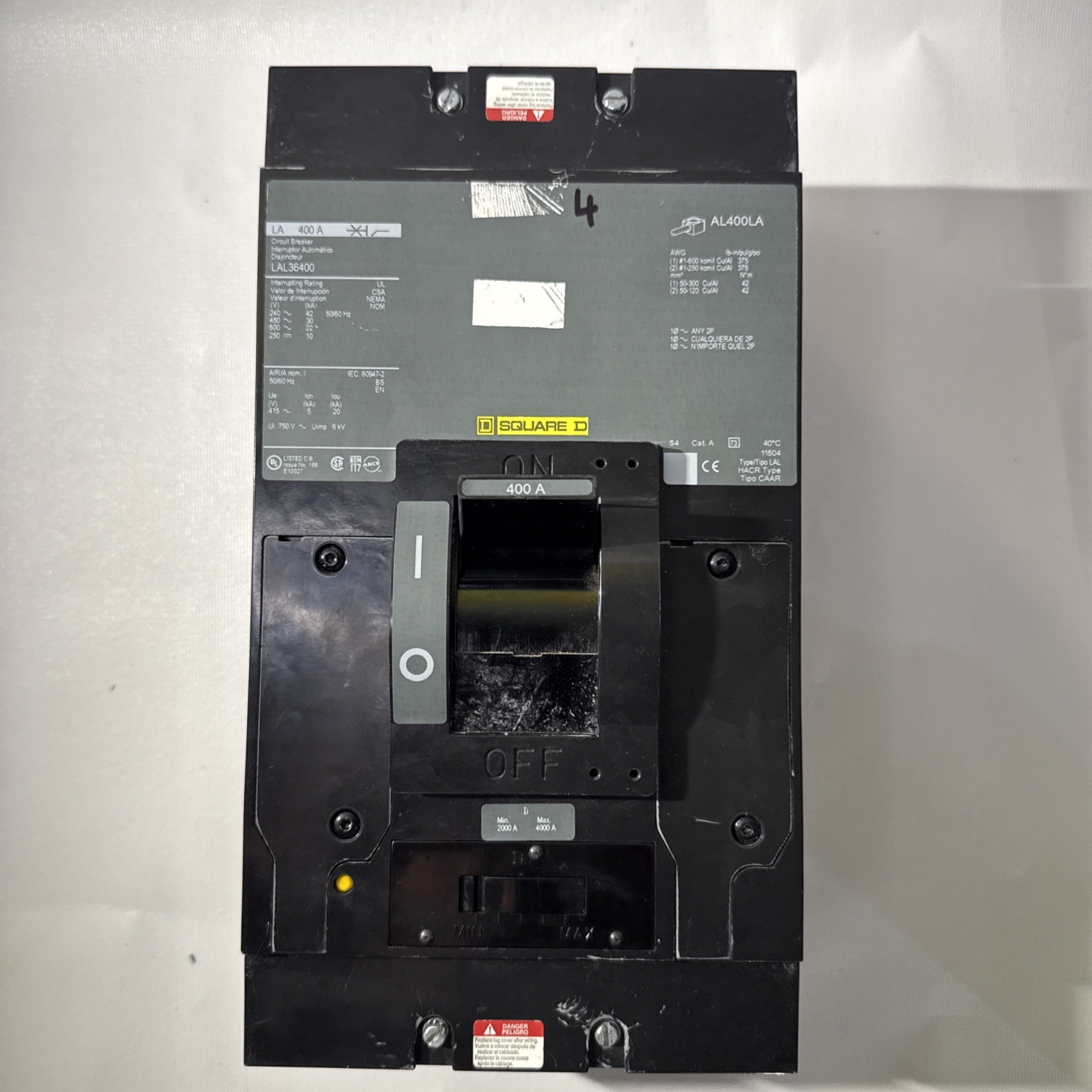 Square D LAL36400 Circuit Breaker 400A 3P 600V 3PH LAL 400 Amp 3 Pole L Frame
