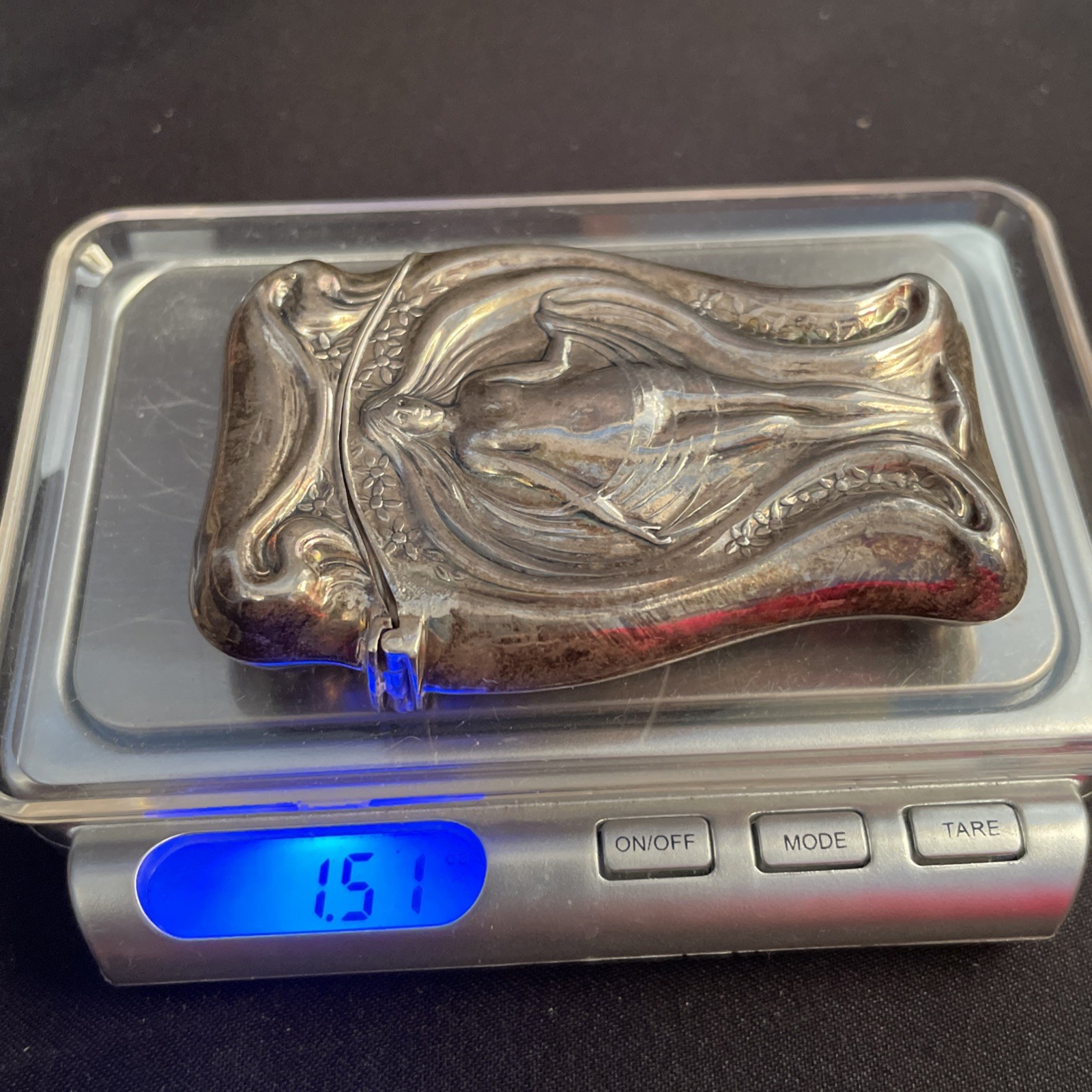 Wallace Sterling Silver Art Nouveau Match Safe Nude Woman Wing-Like Hair 1.5 oz.