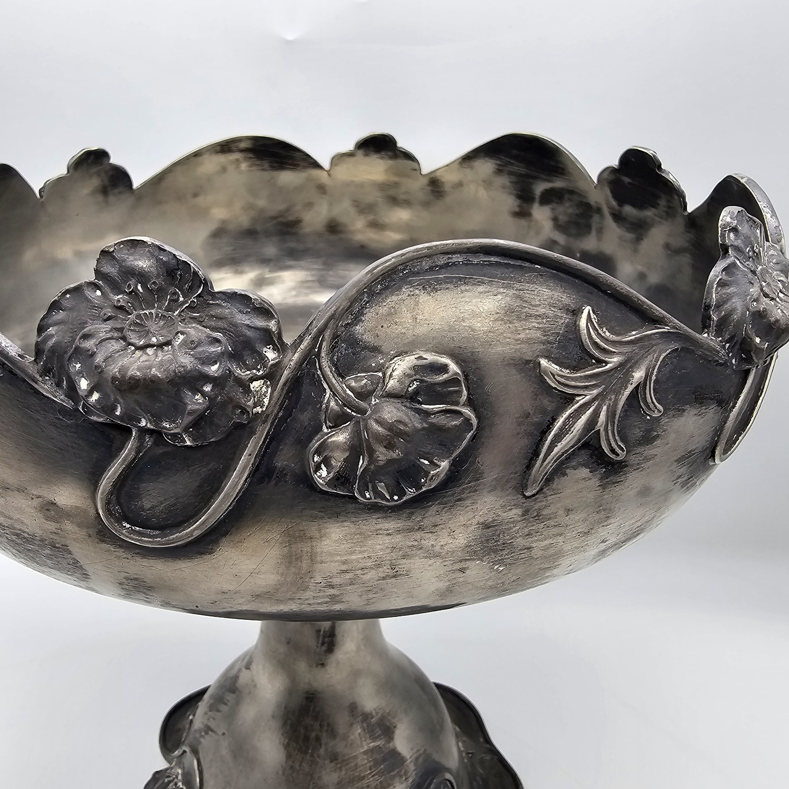 20th Century Art Nouveau Silverplate Pedestal Compote With Floral Relief