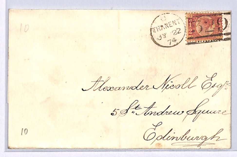 GB QV BANTAM ½d Plate 10 (JS) Cover *TRANENT* Haddington 1874 Edin Scotland XB46