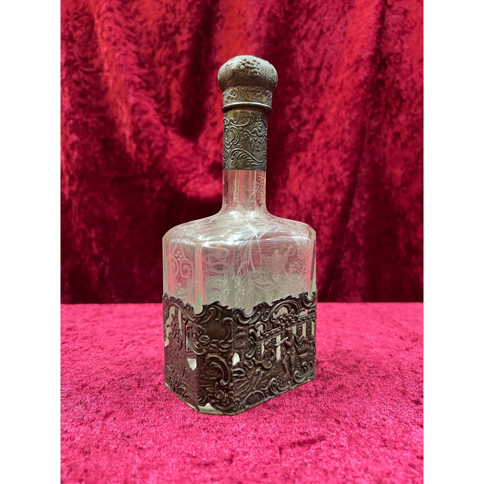 Antique Barware 18th Century Etched Glass Decanter Silver Repousse Germany