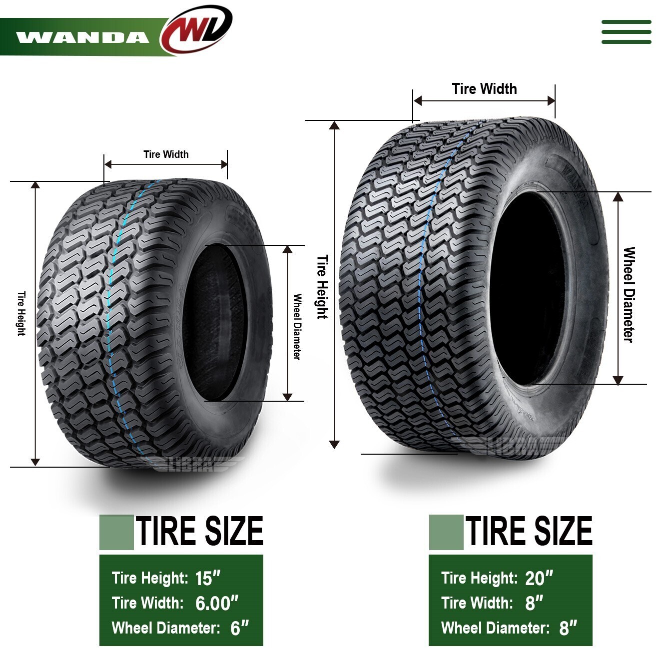 Set 4 WANDA 15X6-6 & 20X8-8 Lawn Mower Tractor Cart Turf Tires 4 Ply-13016/13035
