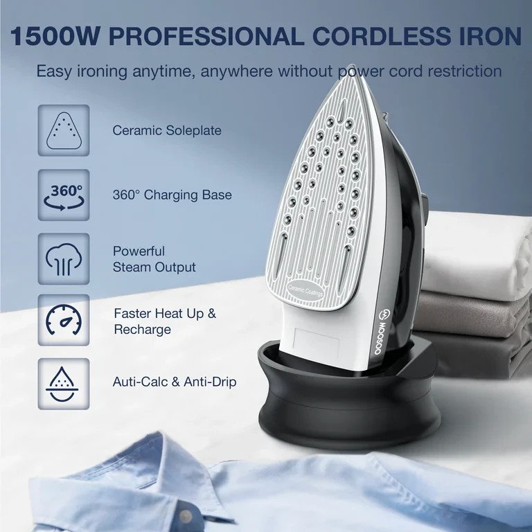 Moosoo Cordless Iron,1500W ,Anti-Drip,Adjustable Temperature,Quick-Charge Base