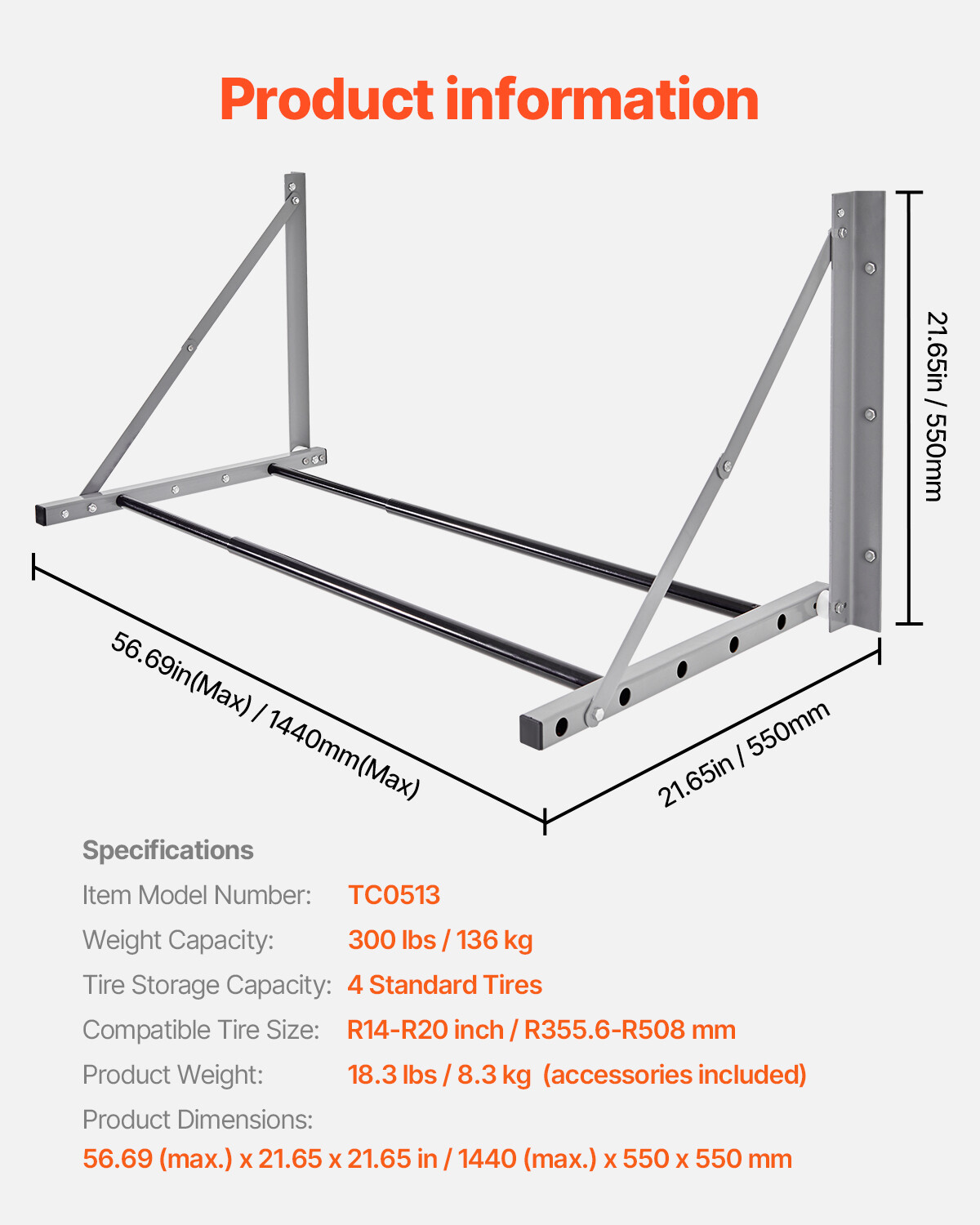 Wall Mounted Folding Tire Rack 32"- 48" Adjustable Storage Rack for Garage