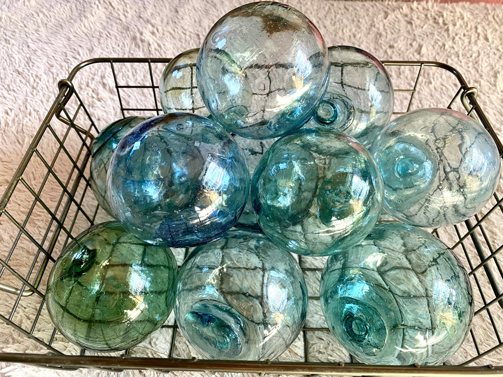 Vintage Japanese Glass Fishing Floats Set (Blue & Green) - 3"-3.5" 10 pcs