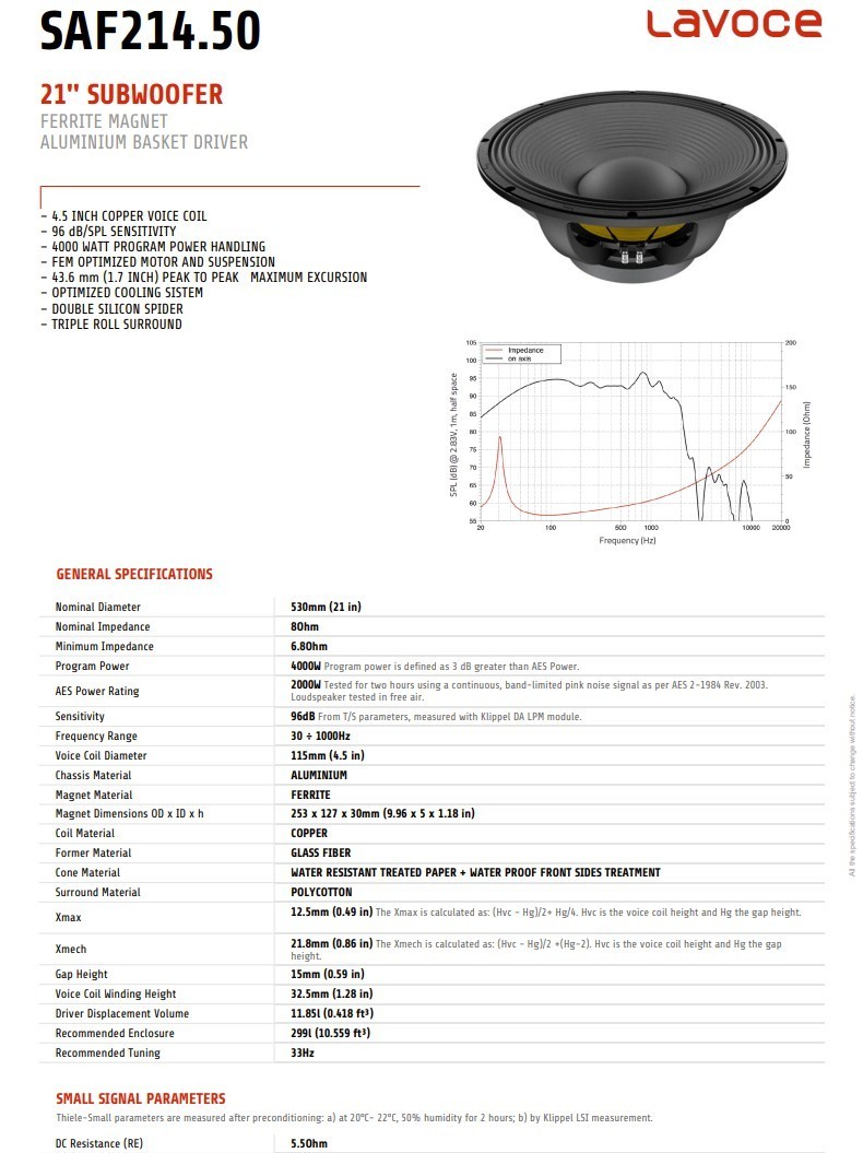 LaVoce 21" 4000 Watt 8ohm SAF214.50 Subwoofer ULF 4.5" VC Pro Audio Home Theater