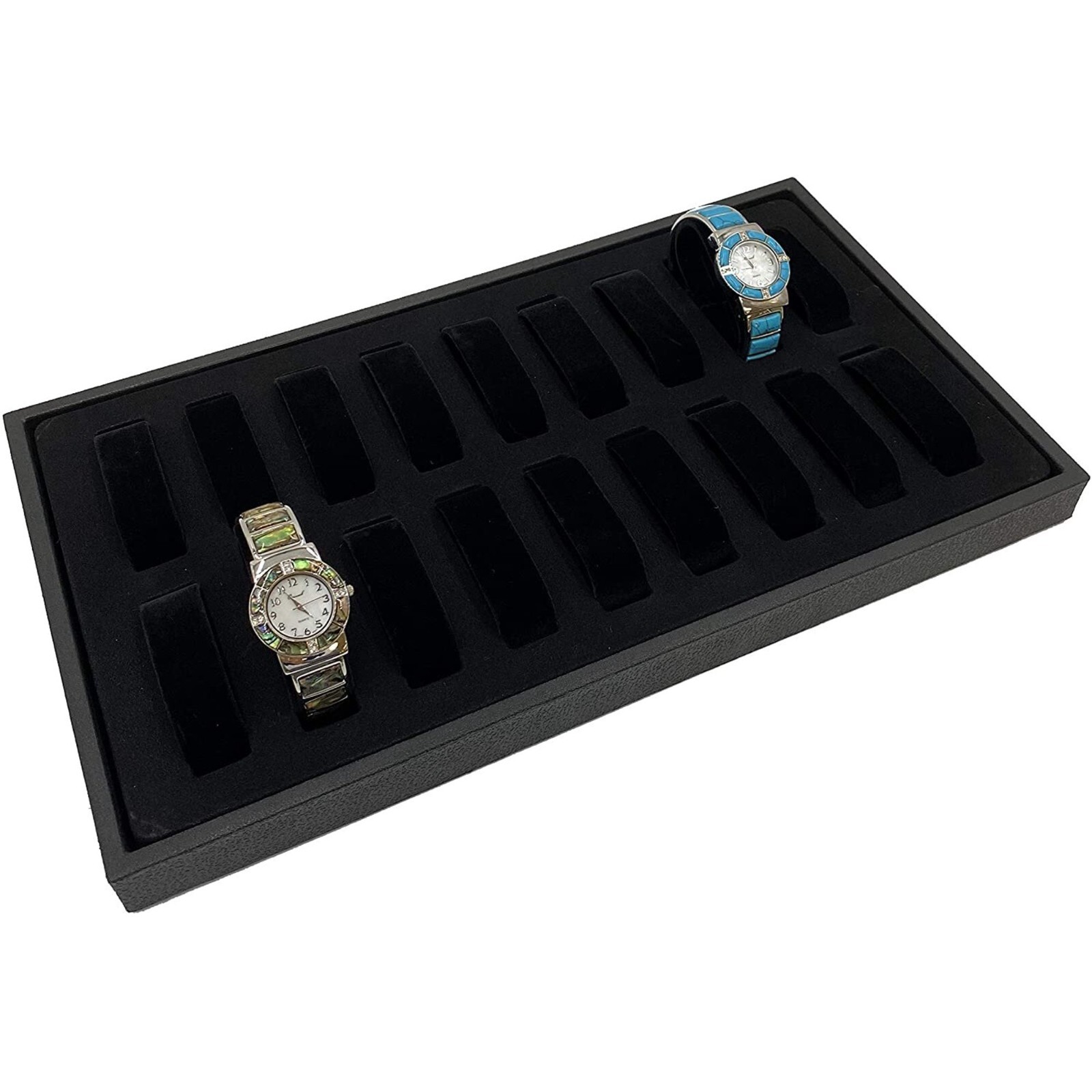 Black Velvet 18-Slot Watch Display Tray Jewelry Organizer 14-3/4" x 8-1/4"