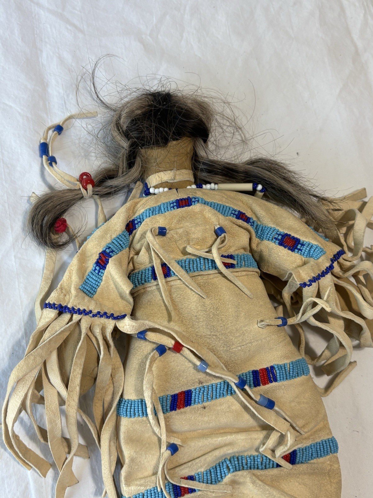 Vintage Native American Handmade Buckskin Beaded Doll 16"” Real Hair