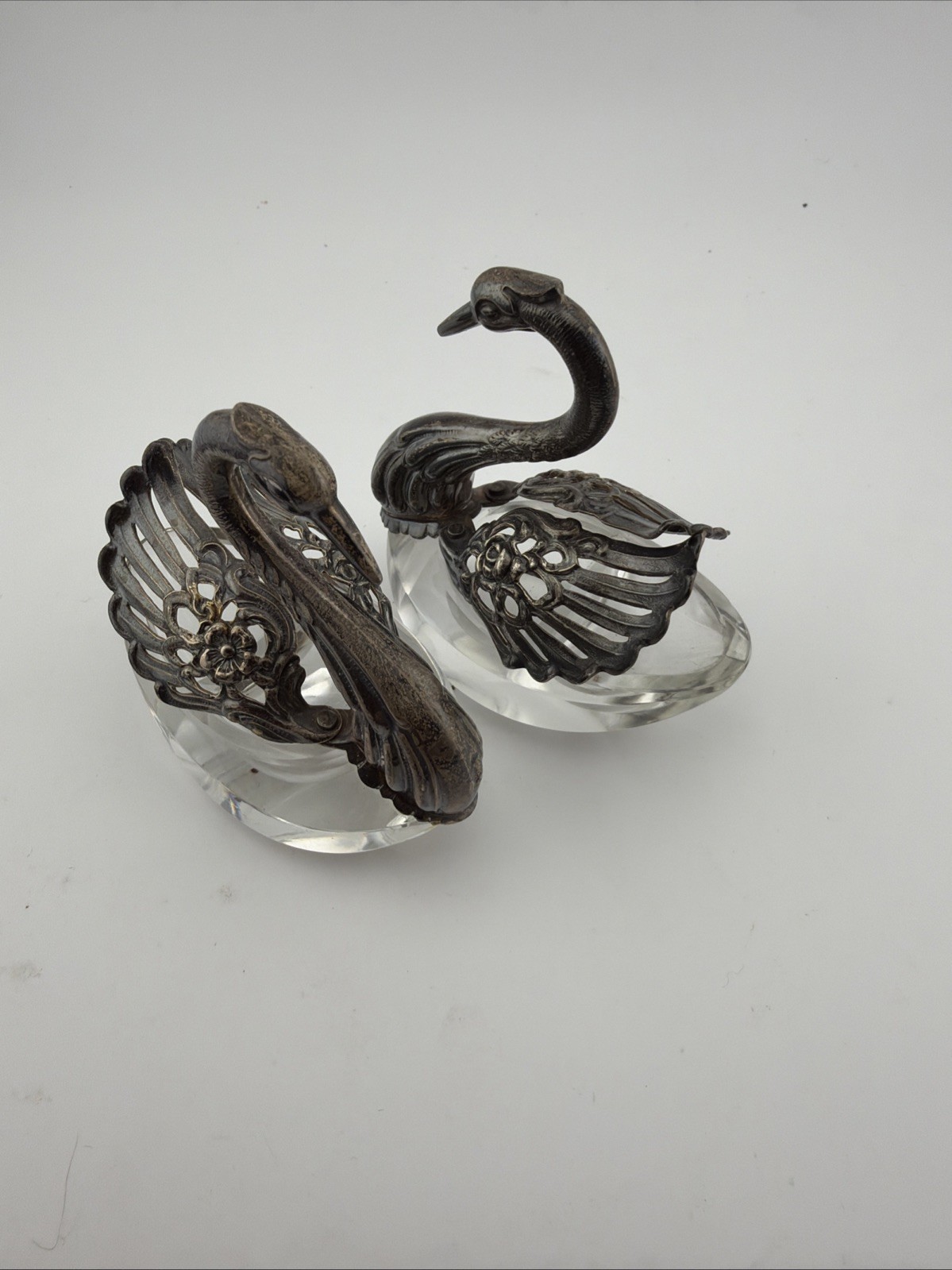 Pair Vintage Sterling Silver and Glass Table Salt Swans R Sterling West Germany