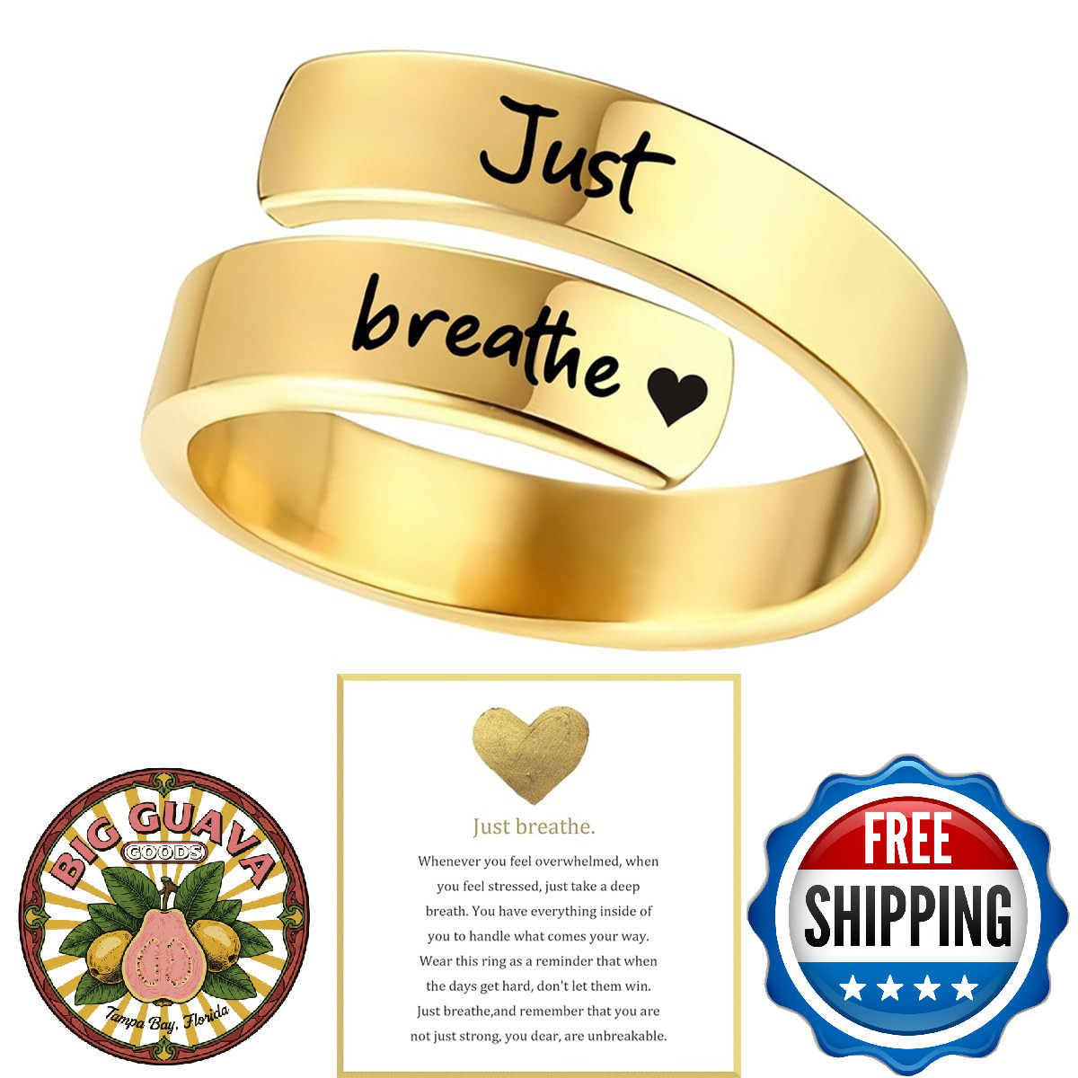 LIU JUN Just Breathe Ring, Gold Stainless Steel Adjustable Spiral Heart Wrap