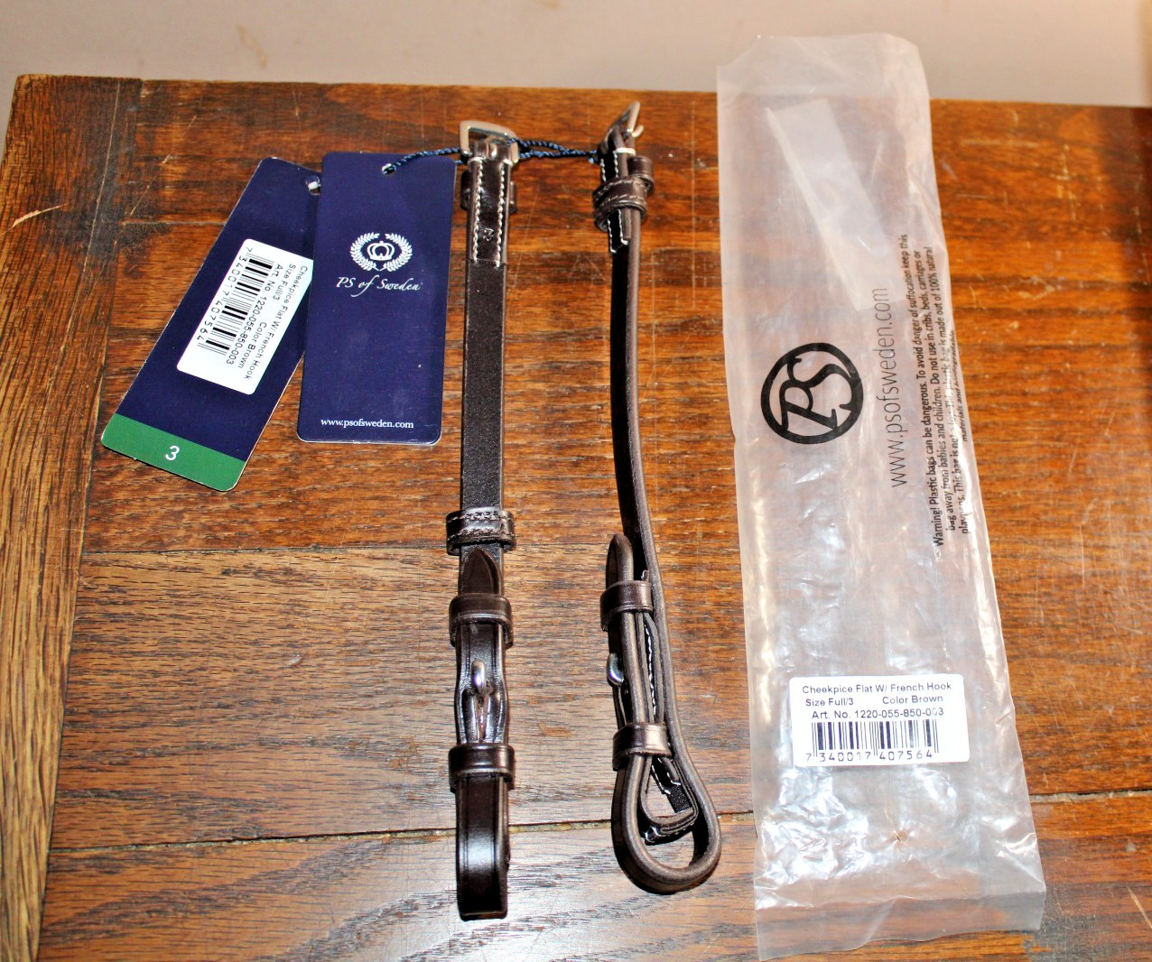 PS of Sweden Cheekpieces Flat w/ French Hook - Brown - Size Full/3 - NWT