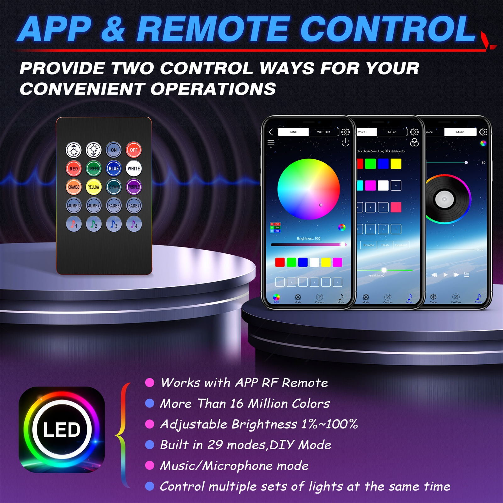 RGB 10-in-1 Interior Car LED Strip Light Neon Ambient Light Kit Fiber Optic Tube