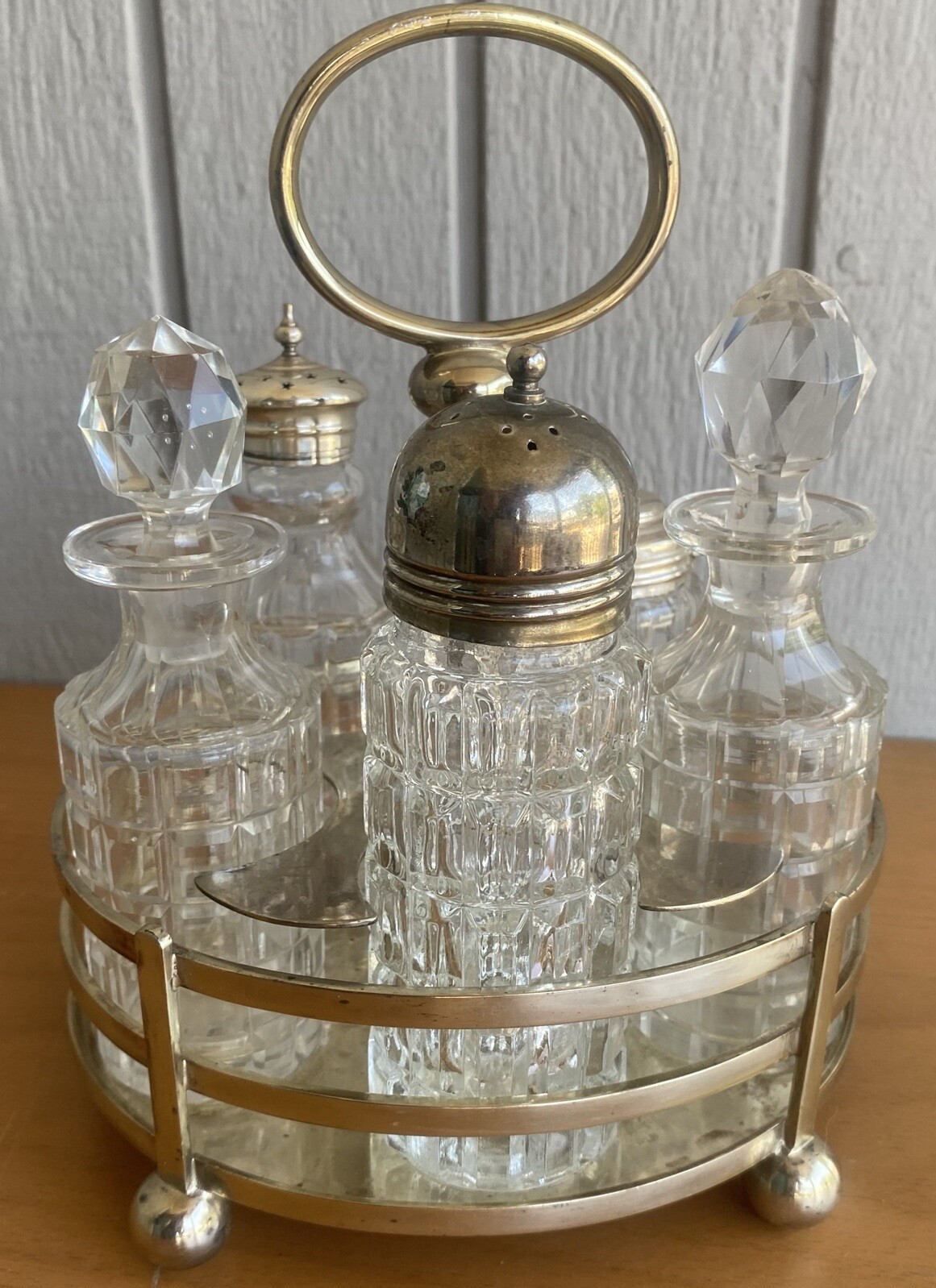 1887 Walker & Hall Victorian Silver Plate Antique Cut Crystal 6 pc Cruet Set