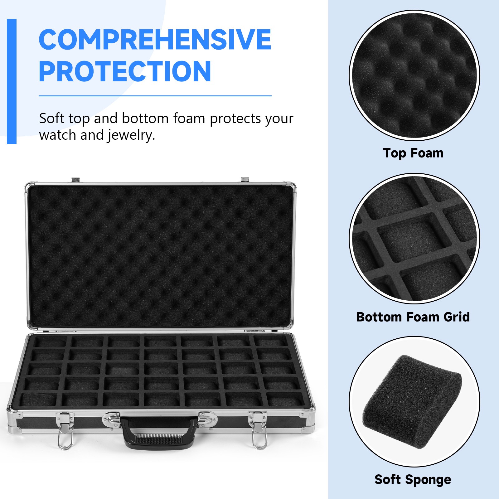 35 Slots Aluminum Watch Display Case Lockable Watch Jewelry Storage Showing Box