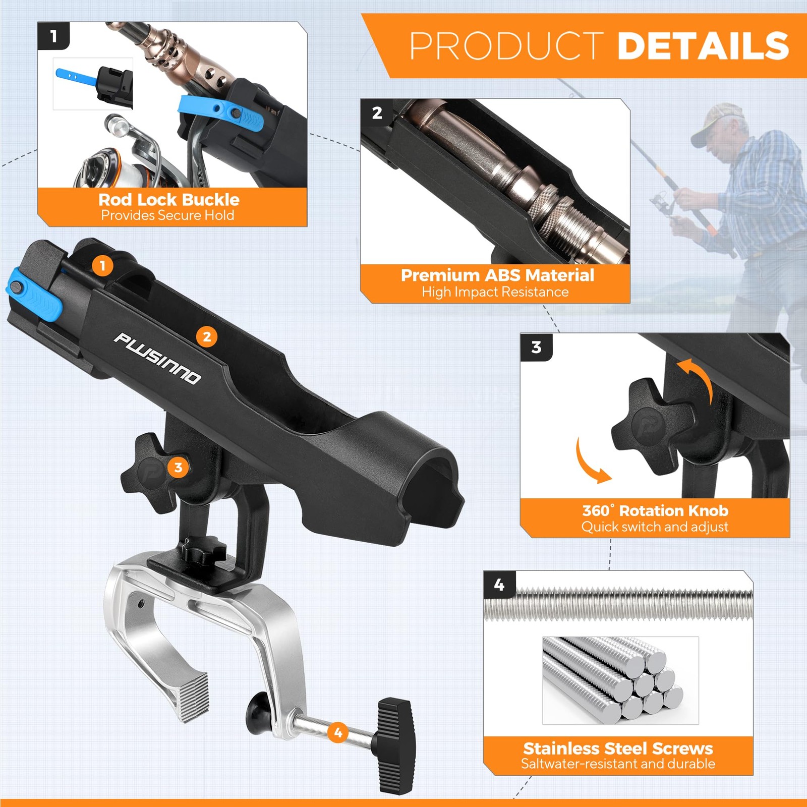 PLUSINNO Fishing Boat Rods Holder with Large Clamp Opening 360 Degree Adjusta...