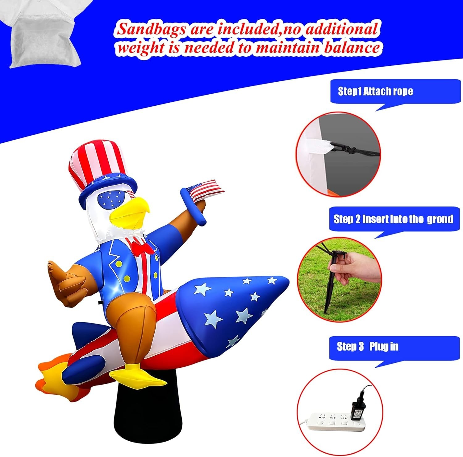 6ft Patriotic Independence Day 4th of July Inflatable Eagle on Rocket 1810