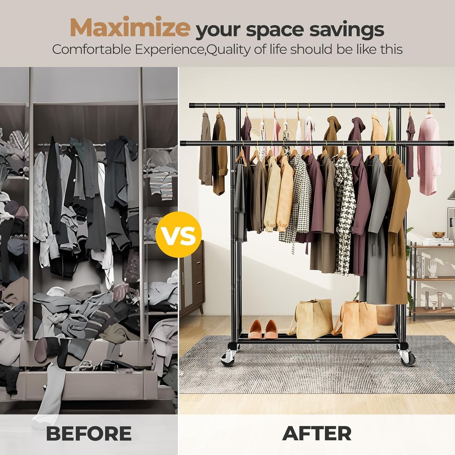 Abiglifty Double-Rods Clothes Rack for Hanging Clothes Clothing Rack with Wheels