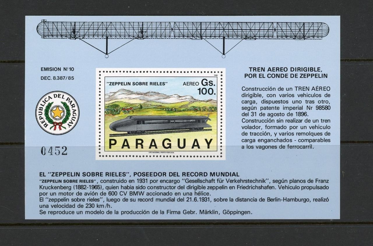 Paraguay 1989 Mi block 463 Zeppelin on Rails Railway  MNH