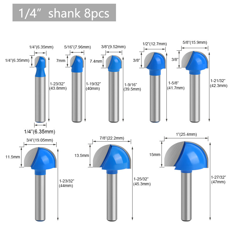 8Pcs Cove Core Box Router Bit Set 1/4 inch Round Shank Nose Woodworking Cutter