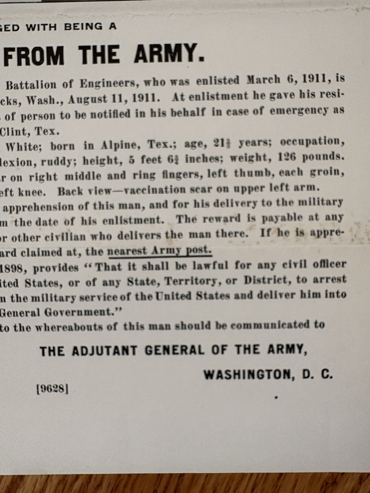 Antique WANTED POSTER Deserter US Army Pre WW1 11th Cavalry Fort Oglethorpe 1911