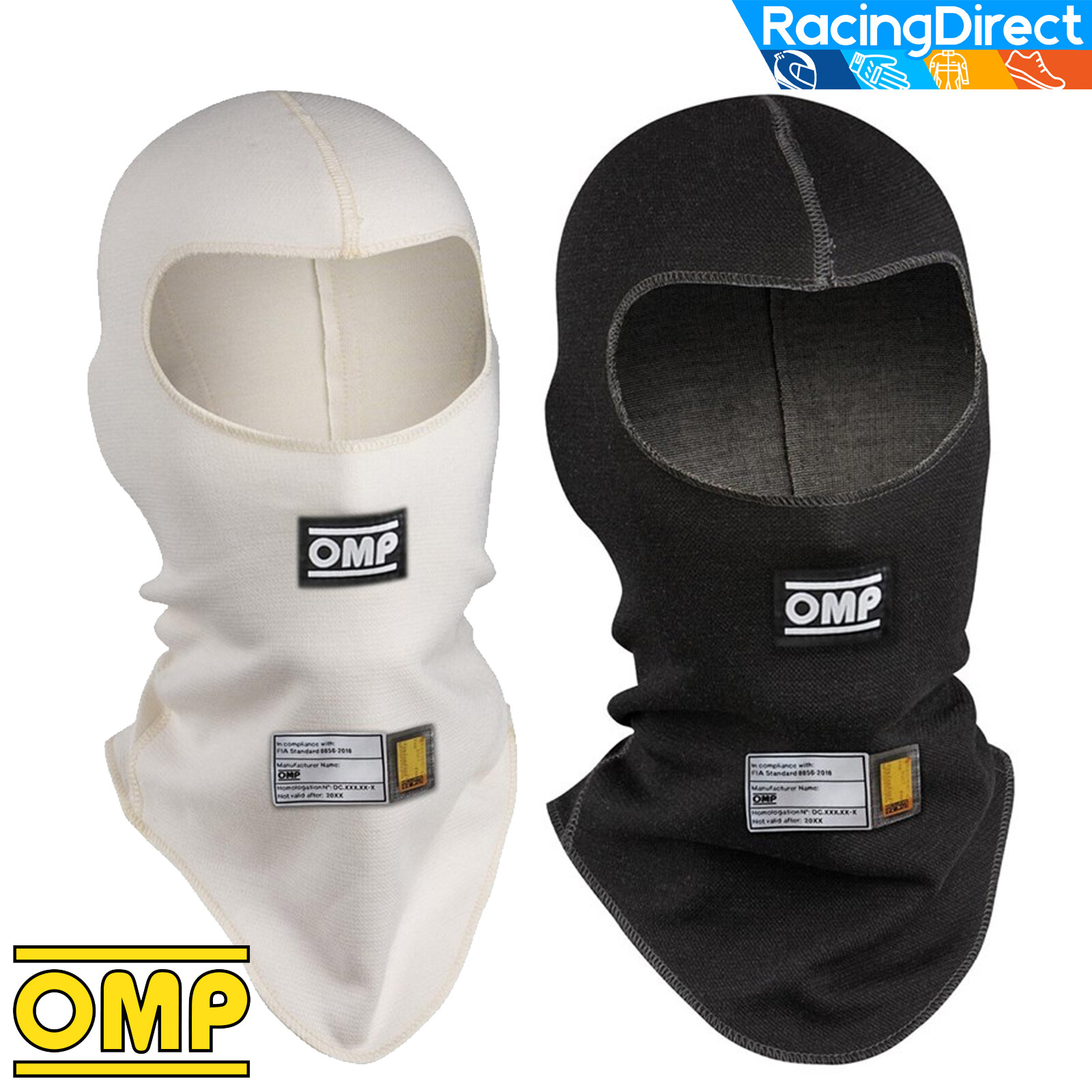 OMP - FIRST FIA Balaclava - FIA-Rated Head Sock - Auto Racing - Black / White
