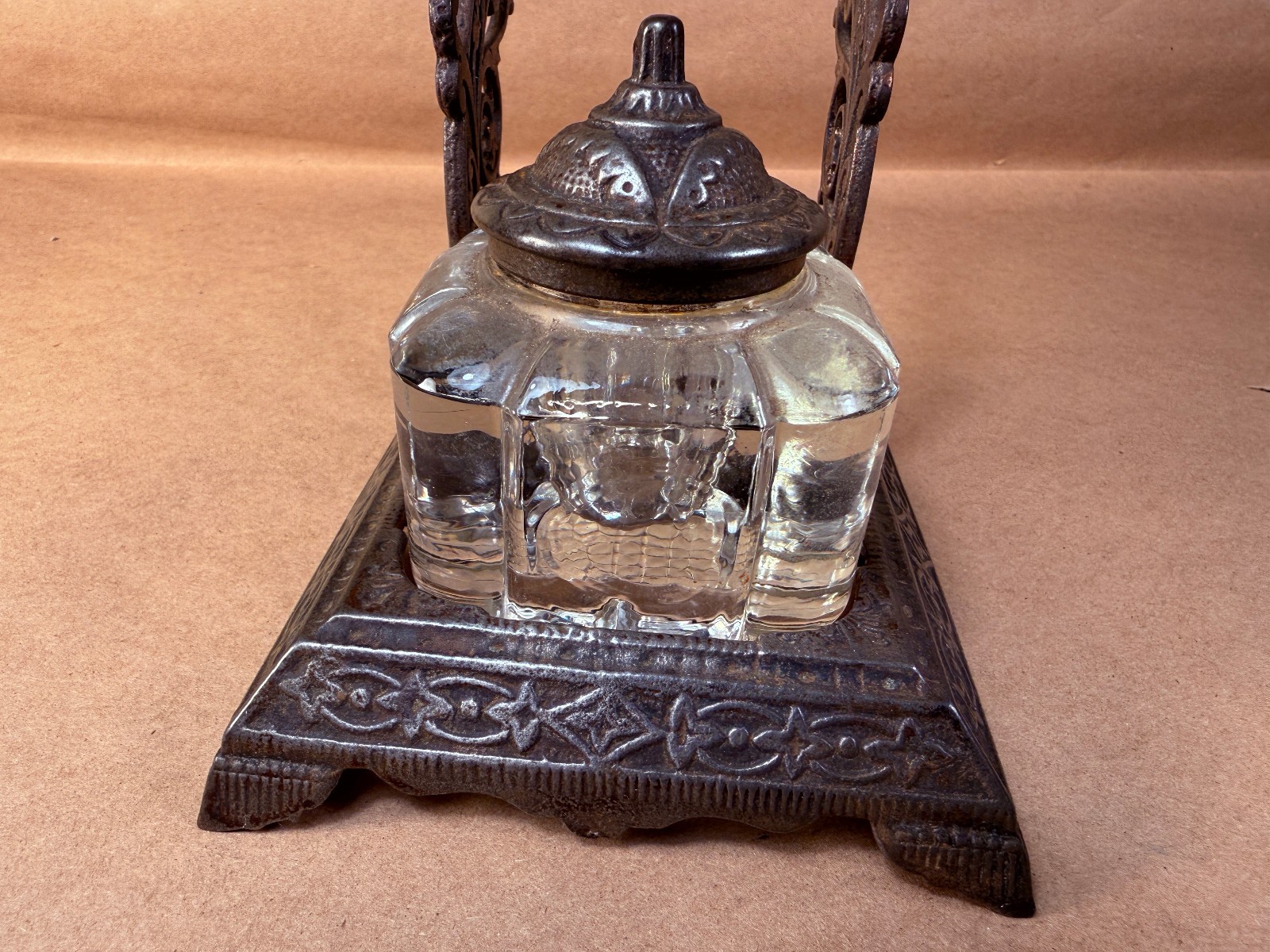 Antique Victorian Cast Iron Inkwell and Pen Holder with Glass Inkwell
