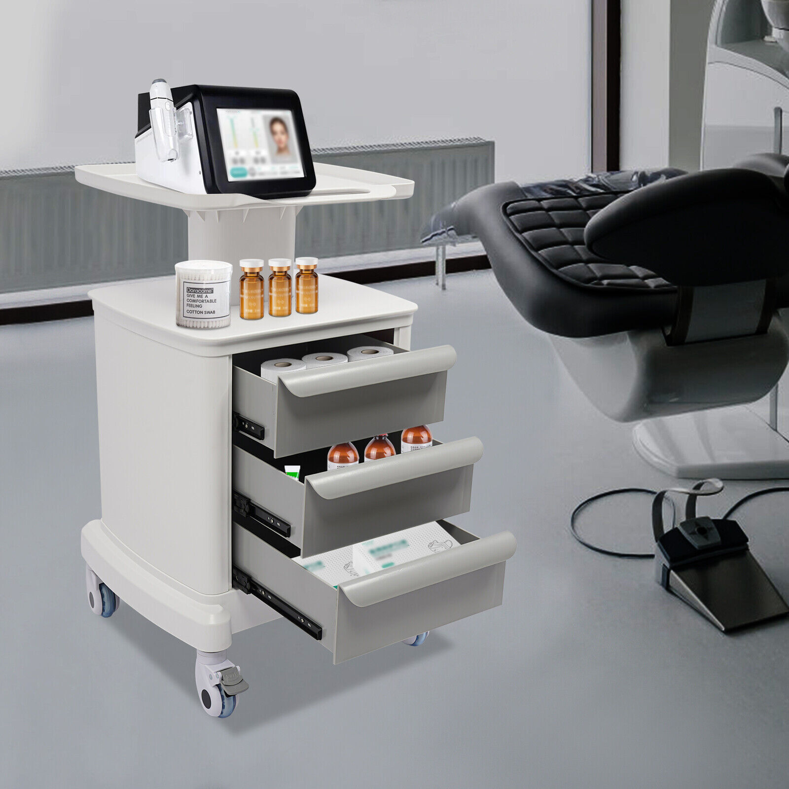 Dental Medical Mobile Cart Instrument Trolley 3 Drawers with Power Socket