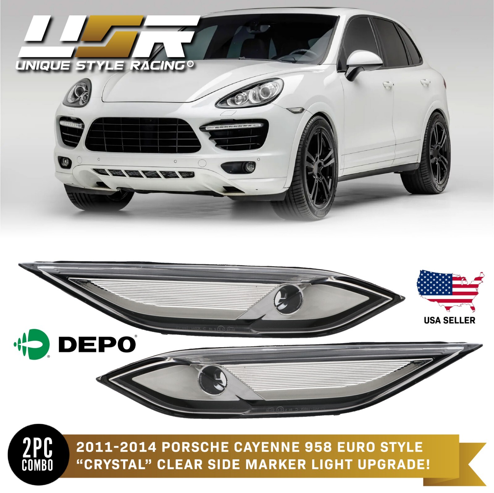 Euro CLEAR White-Out Bumper Side Marker Light Pair For 11-14 Porsche Cayenne 958