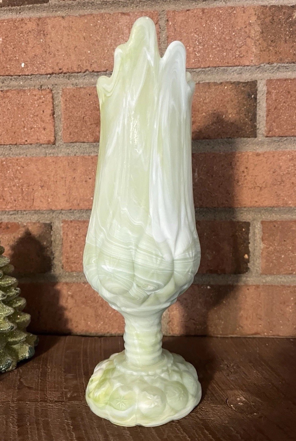 Kanawha Moon And Stars Green Slag Glass Swung Vase End Of Day ~ Rare