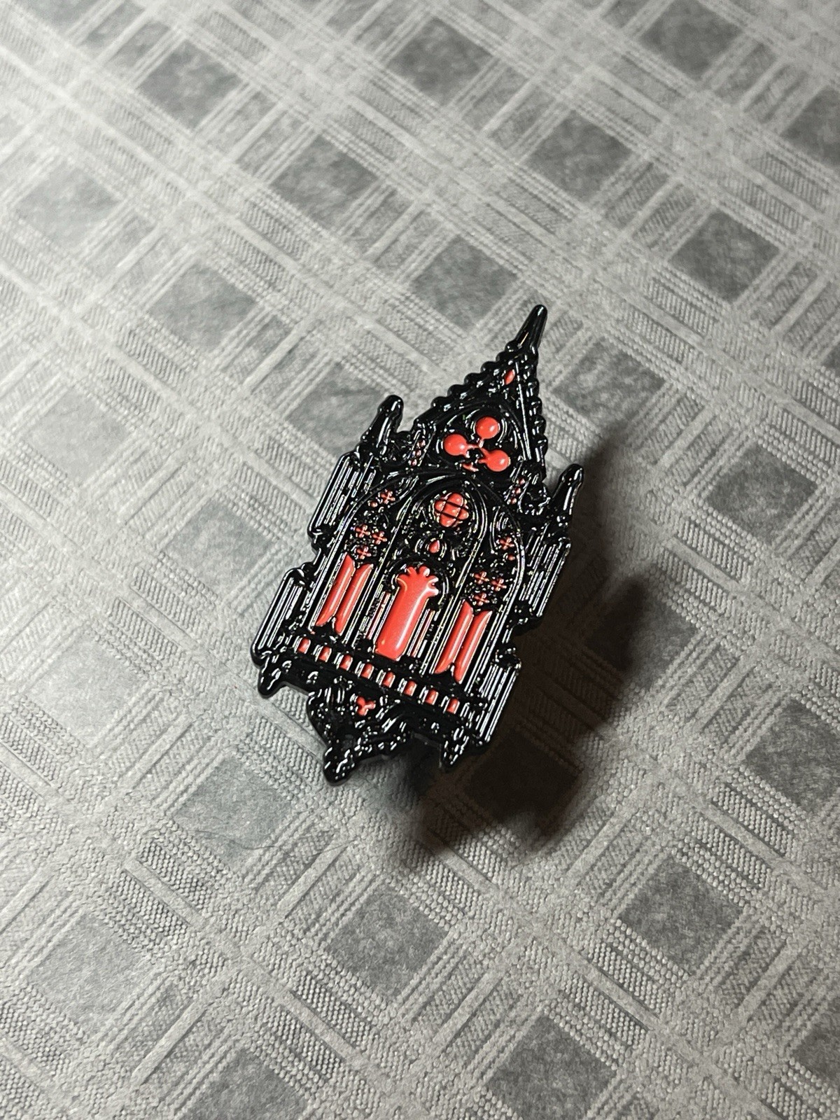 Gothic Cathedral Stained Glass Enamel Pin - Red & Black Unique Gothic Elegance