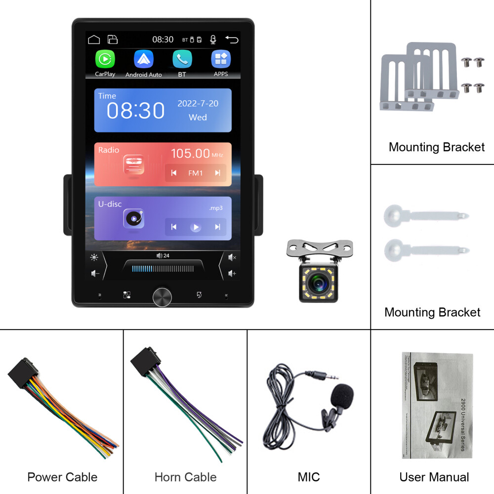 10.4" 1 DIN Car Stereo Radio Carplay Android Auto Vertical Screen GPS + Camera