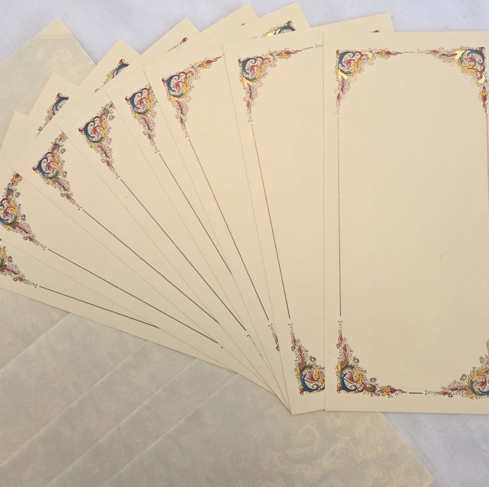 Kartos Florentia No Fold Cards 7x 5/16" & Envelopes Made Italy Partial Set Gold