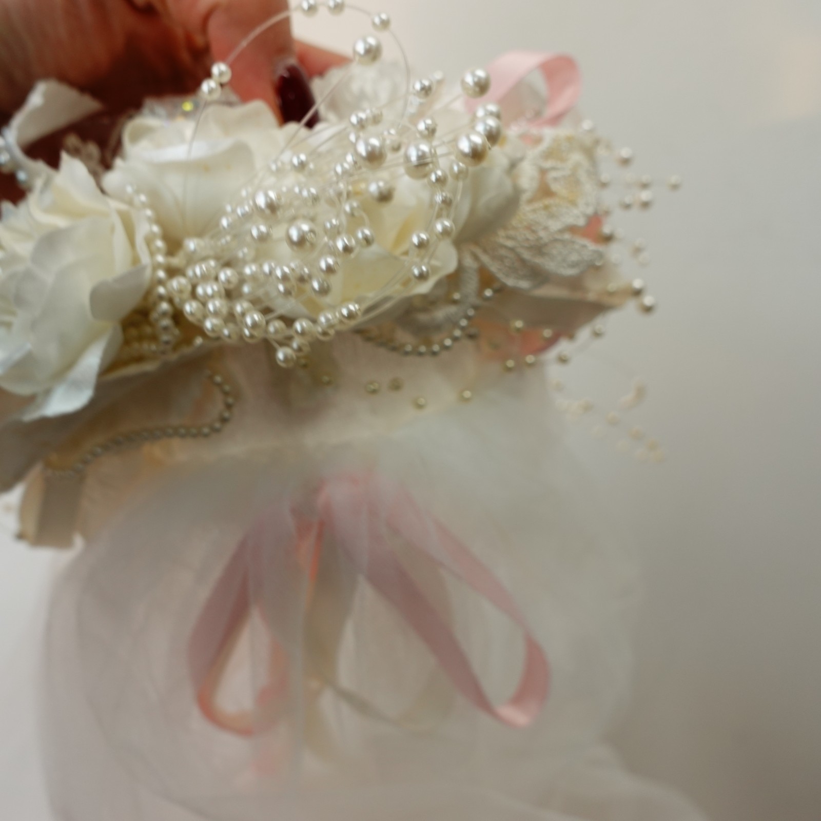VTG Bridal Veil Headpiece White Floral Pearl Wreath Wedding Juliet Cap Tulle