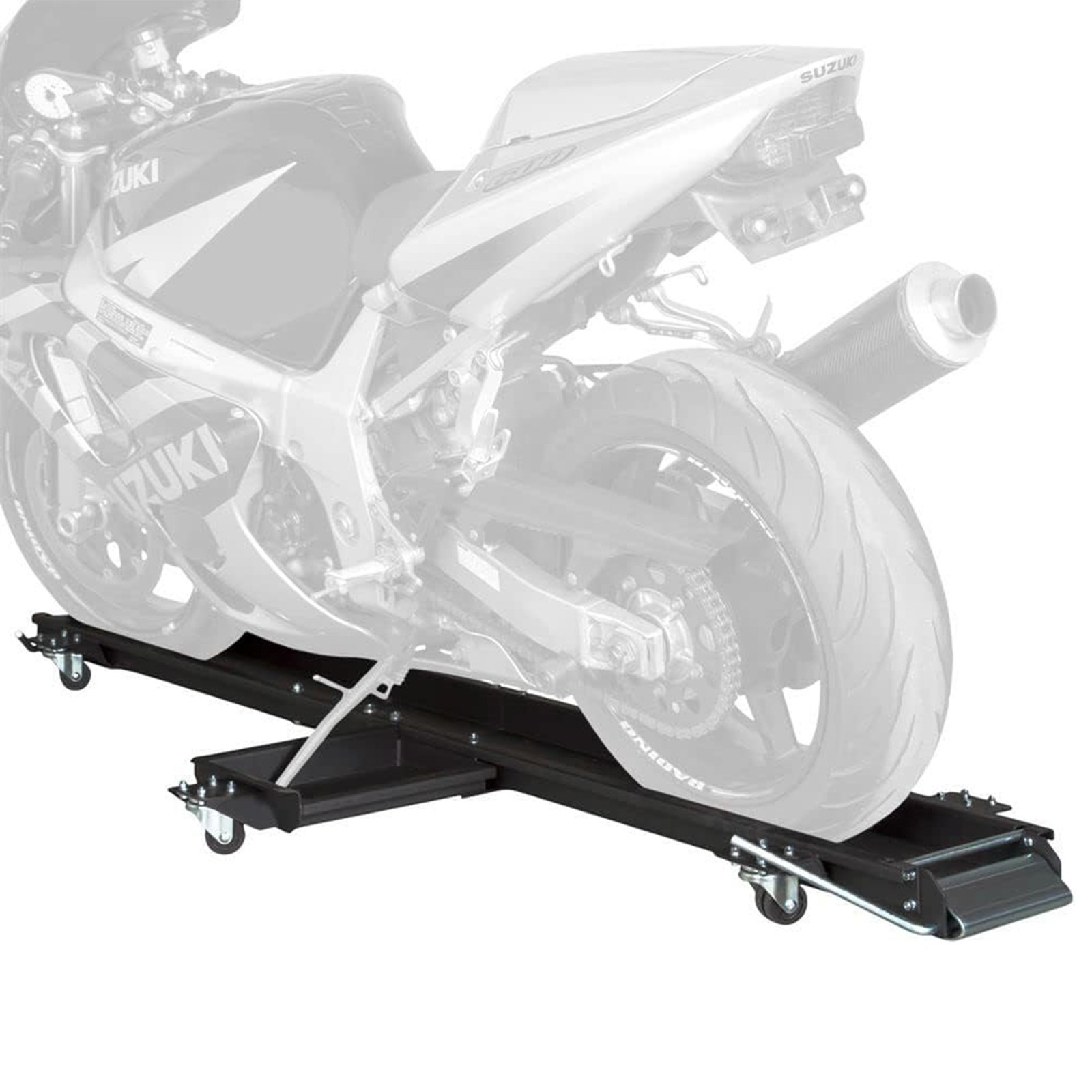 Black Widow Motorcycle Dolly with Front and Rear Gates for Loading and Unloading
