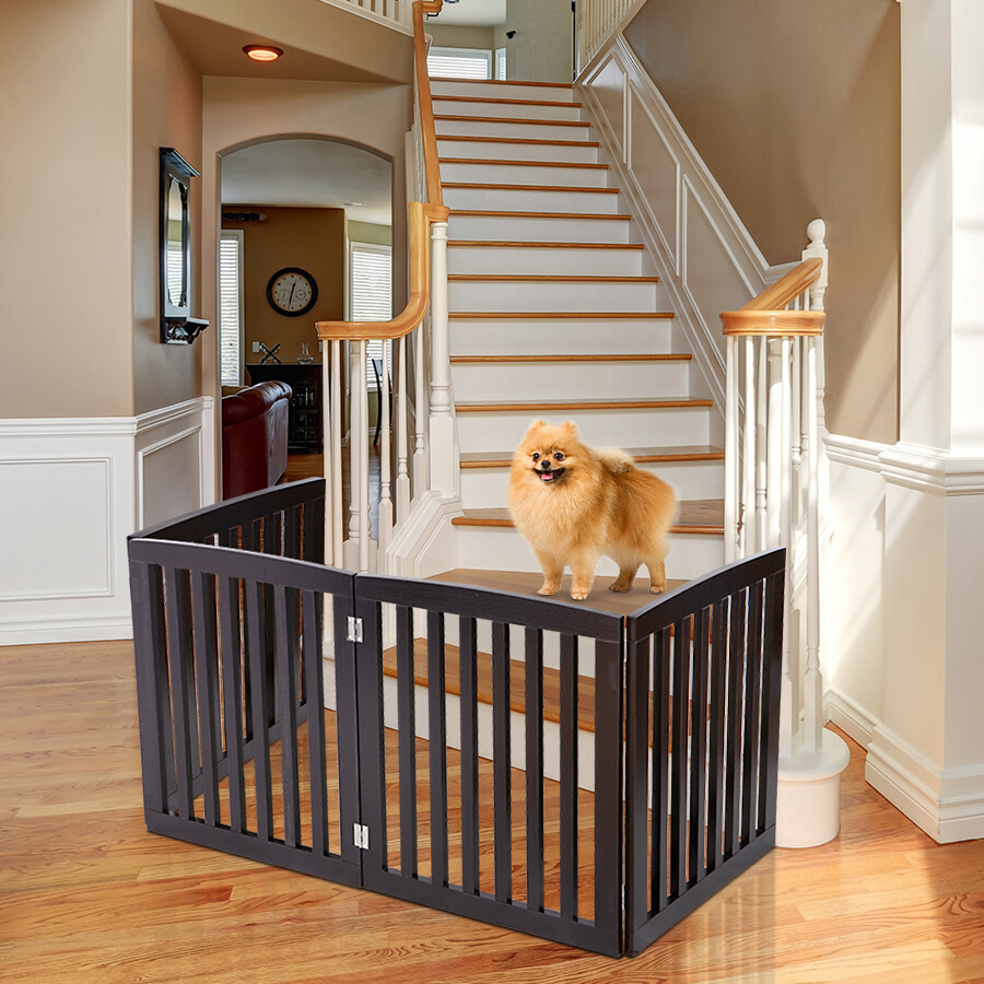 Freestanding Pet Dog Gate 4 Panels Indoor Foldable Dog Fence for Stairs Brown