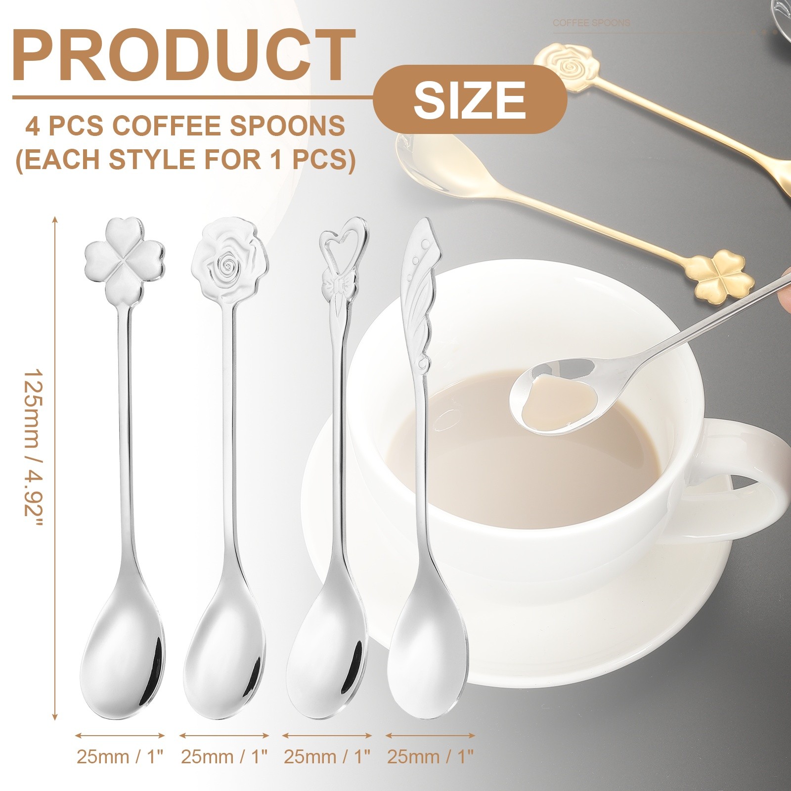 4pcs Coffee Spoons, 4 Shapes Tea Spoons Stainless Steel, Silver