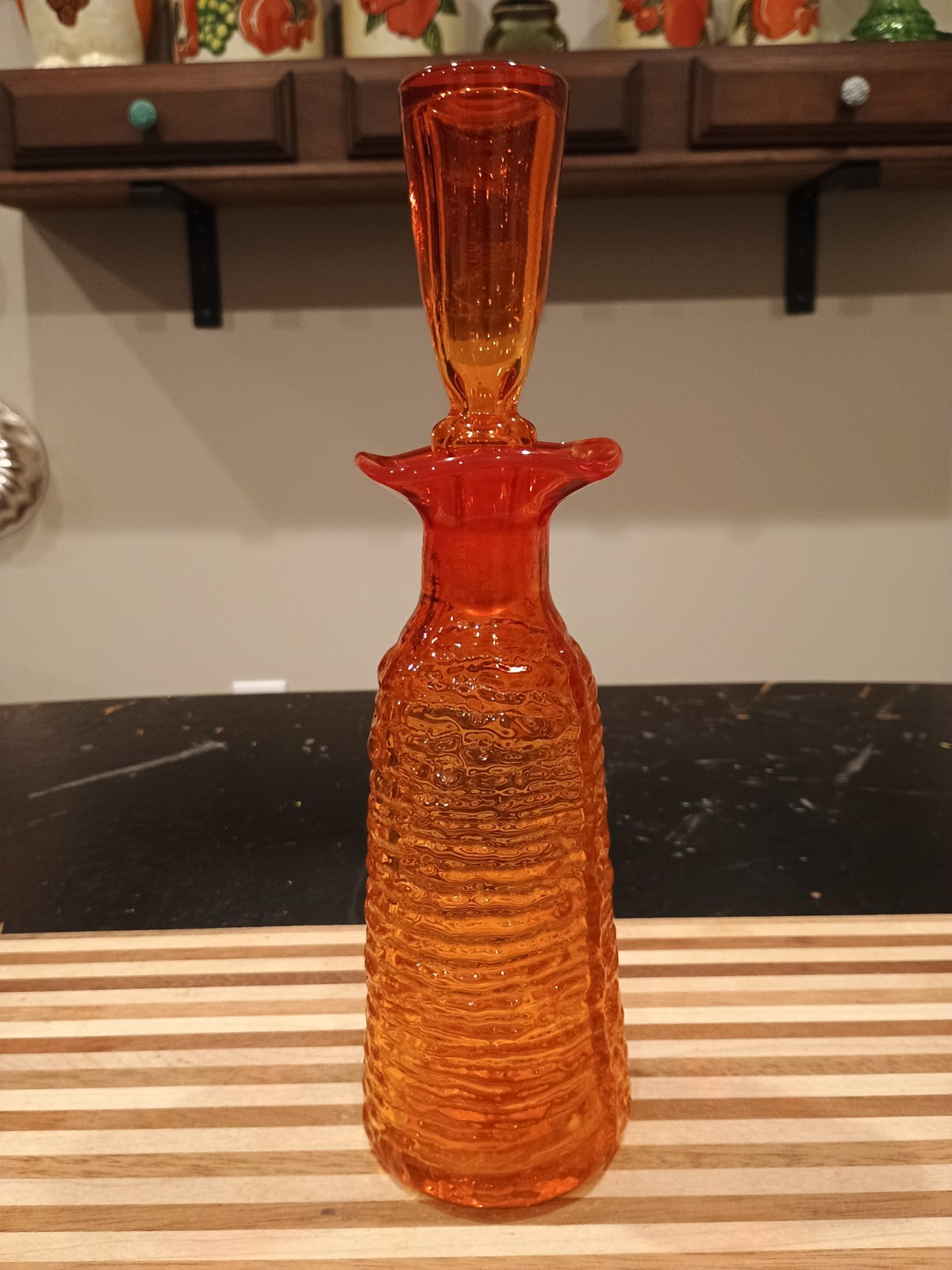 Vintage MCM 11" Rainbow Ribbed Glass Tangerine Orange Decanter With Stopper