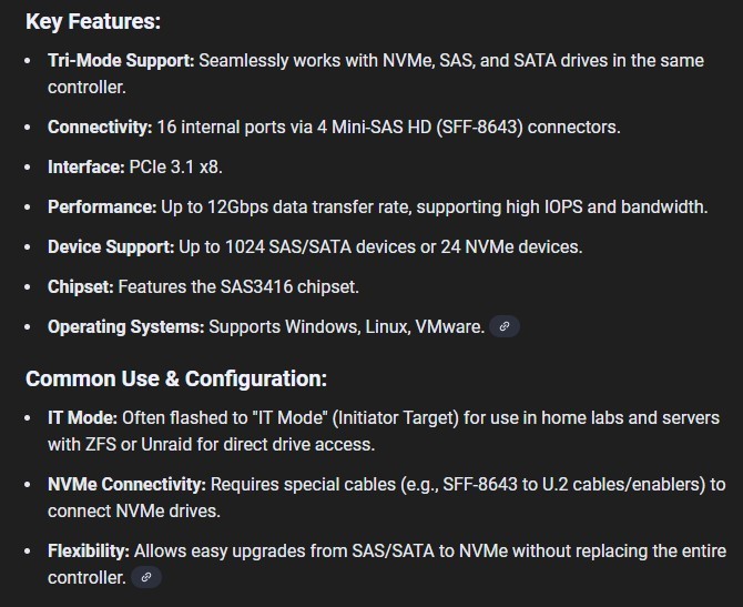 LSI 9400-16i PCIe 3.1 x8 NVMe SAS SATA Tri-Mode HBA Controller