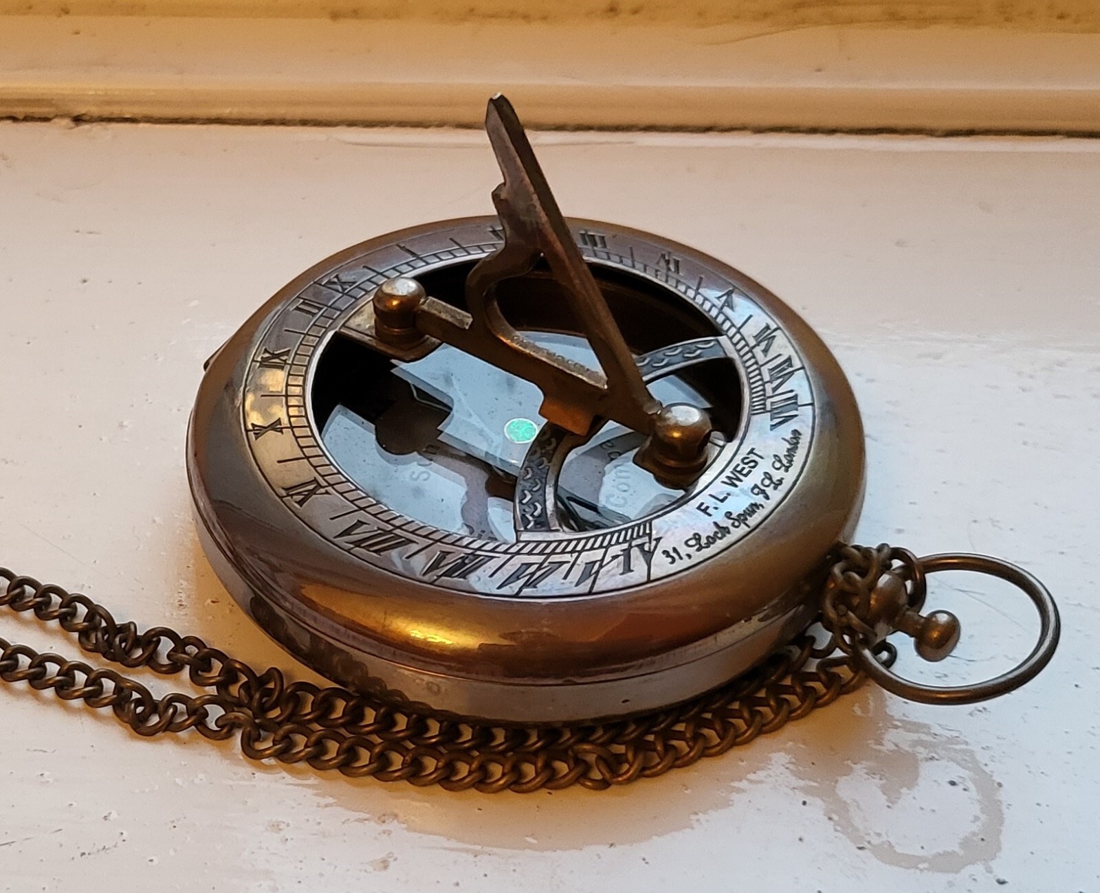Sun Dial Pocket Watch Brass Compass Chain Antique Old Gold Lustre Wooden Box UK