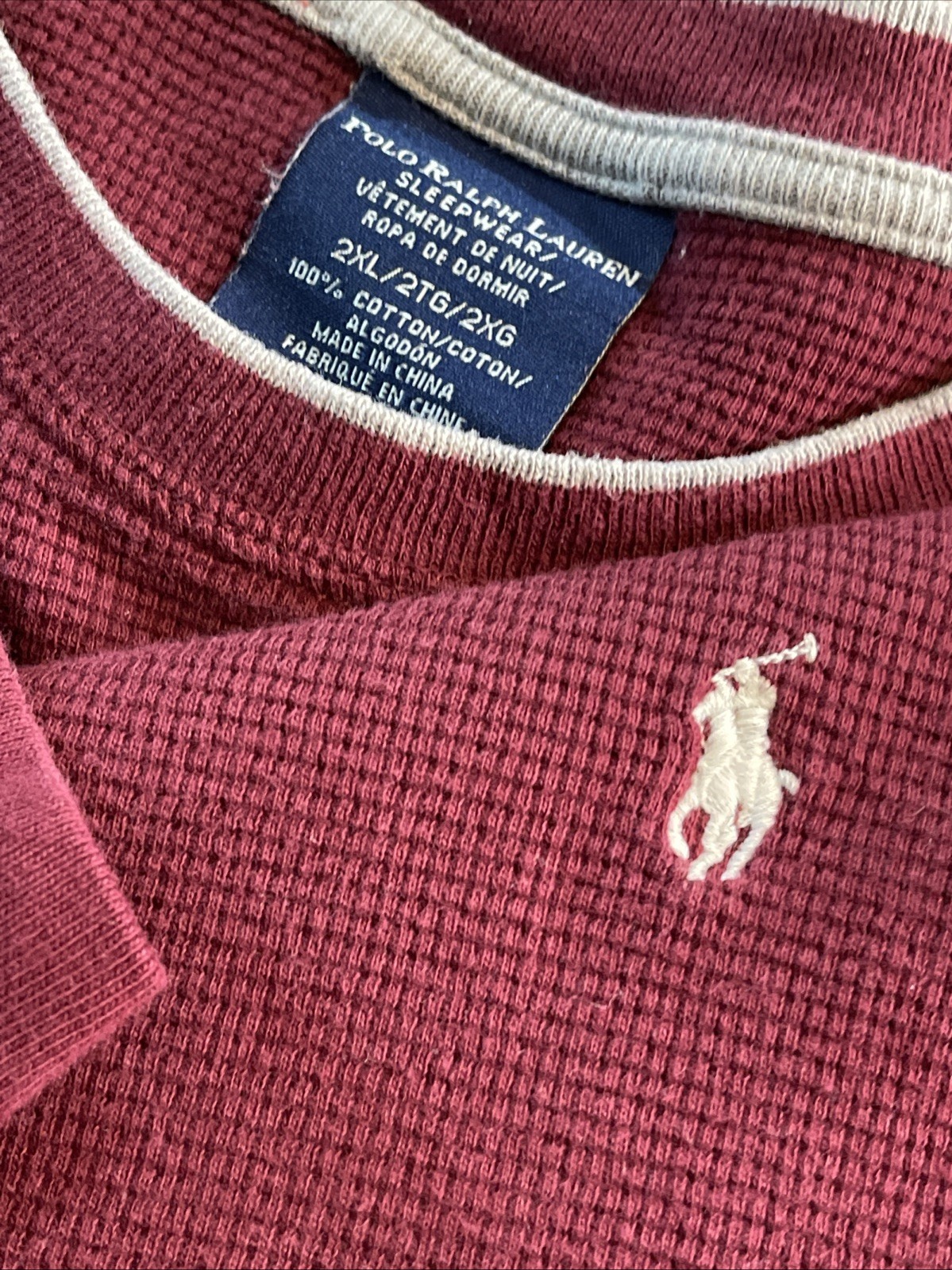 Polo Ralph Lauren Sleepwear Shirt Men 2XL Waffle Knit Maroon Logo Preppy