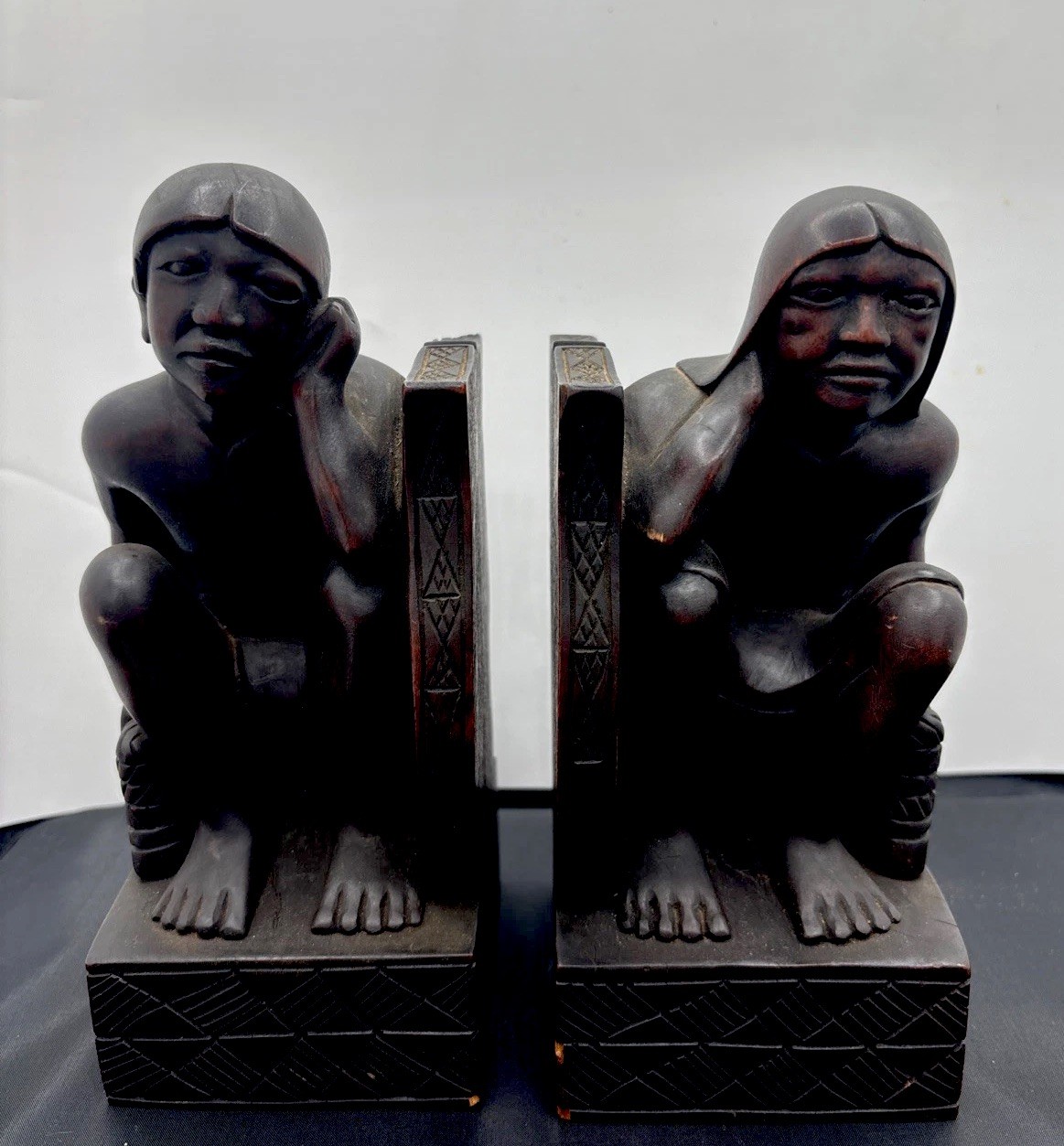 PAIR OF VINTAGE Hand Carved WOOD BOOKENDS FROM- TRIBAL MALE FIGURES
