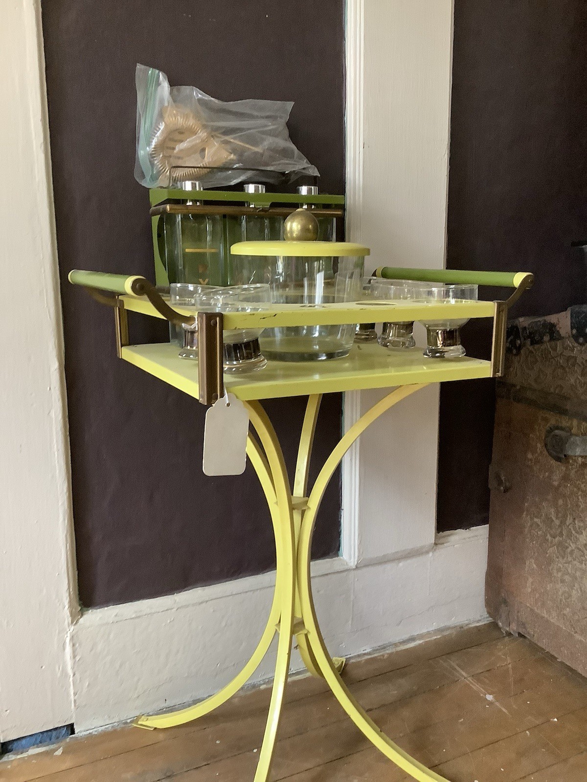 Vintage Mid-Century Modern Bar Car Set With Ice Bucket, 5 Glasses, And Strainer