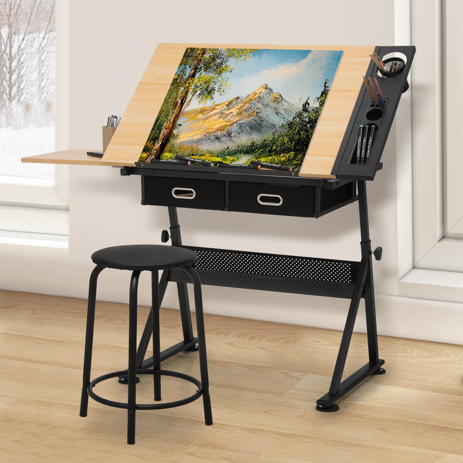 Drafting Drawing Table[STOOL+DRAWER]Adjustable Wood Tabletop Craft Work Station