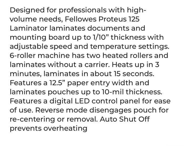 Fellowes 5709501 Proteus 125 Thermal & Cold Laminator, 12.5" Width, 10 Mil