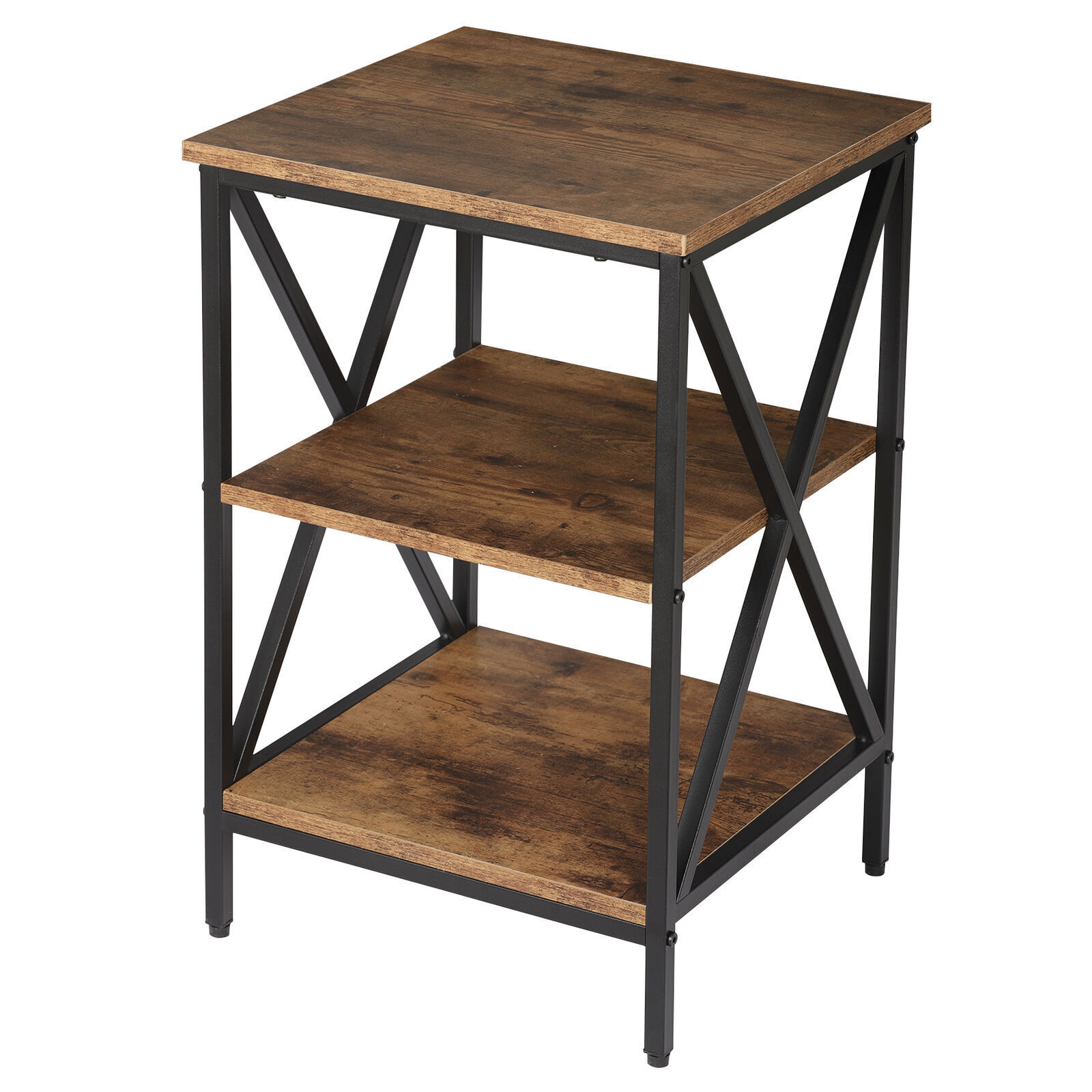24.4" Side Table Industrial X Shape 3-Tier Small End Table Storage Sheves Brown