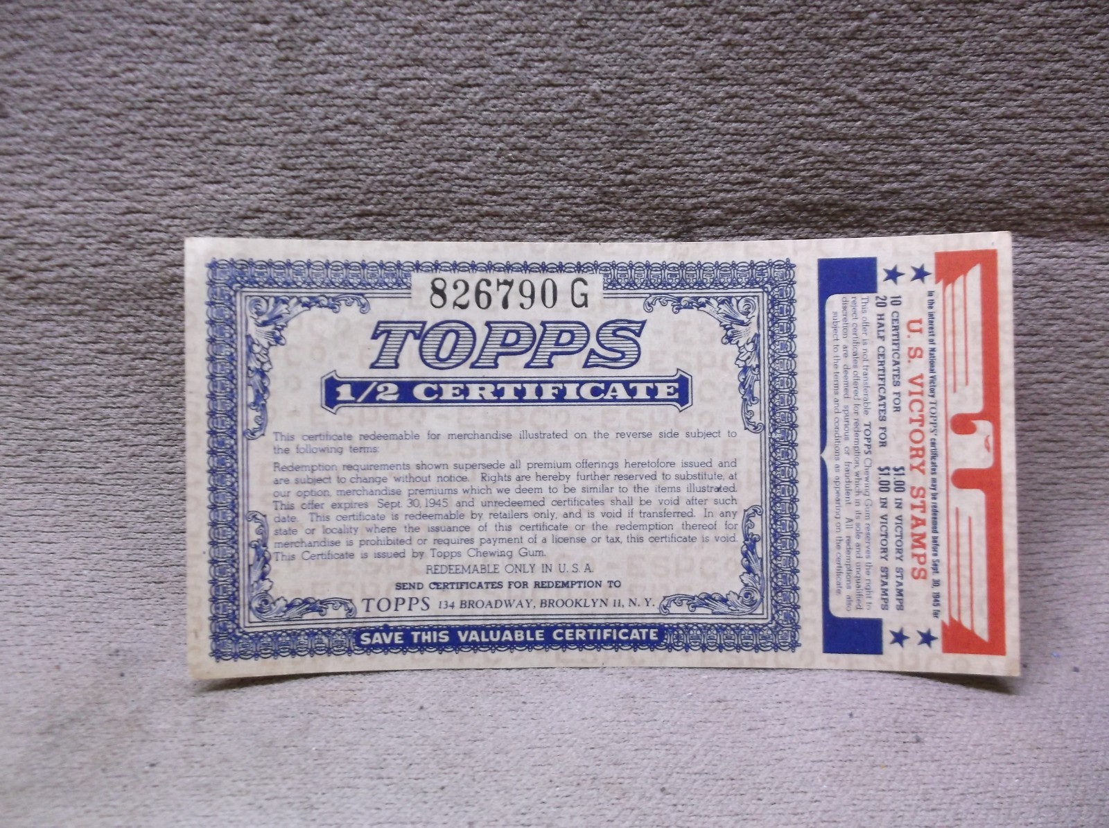 VINTAGE COLLECTIBLE 1945 TOPPS CHEWING GUM US VICTORY STAMPS 1/2 CERTIFICATE