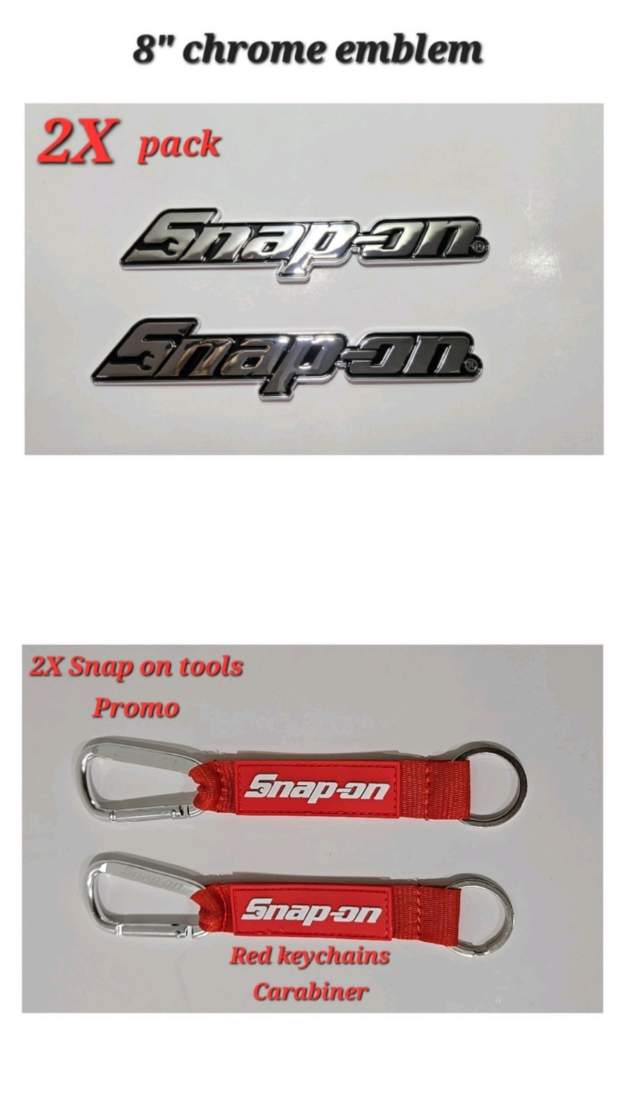 2PK SNAP ON TOOLS LOGO EMBLEM Chrome Badge Decal + 2X Keytags RED Carabiner NEW!