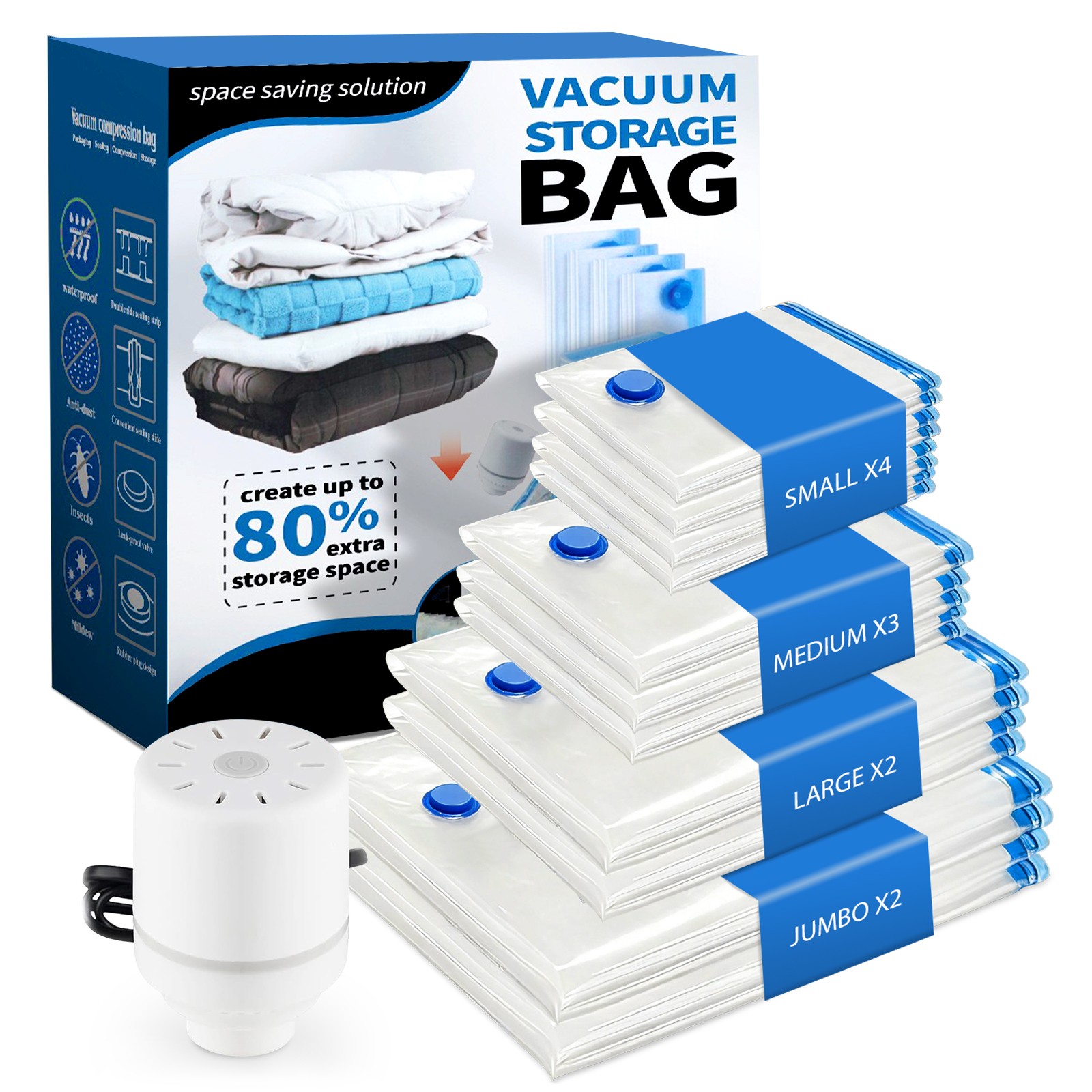 Pack of 11 Vacuum Storage Bags via Electric Pump 4 Sizes Space Saver For Clothes
